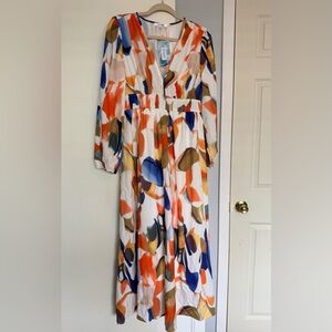 Vibrant Abstract Print Maxi Dress in White with Orange & Blue